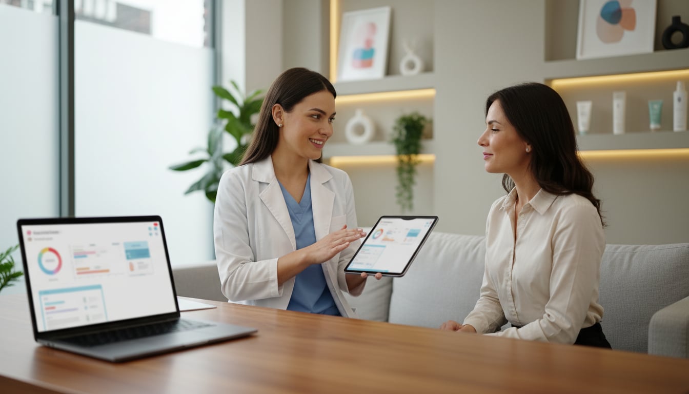 A cosmetic clinician using a tablet to manage patient records