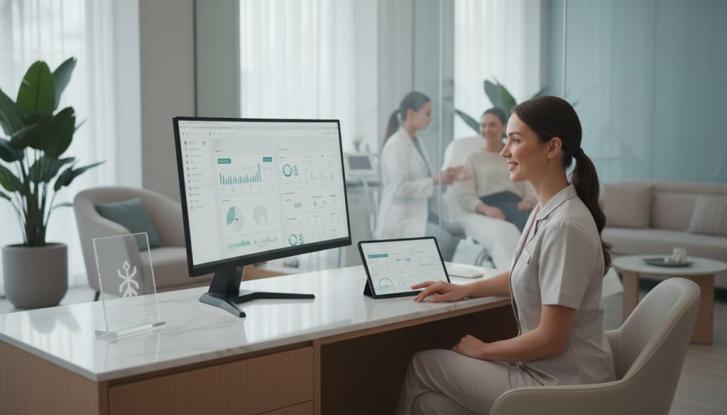 Aesthetics clinic staff using billing software on a tablet