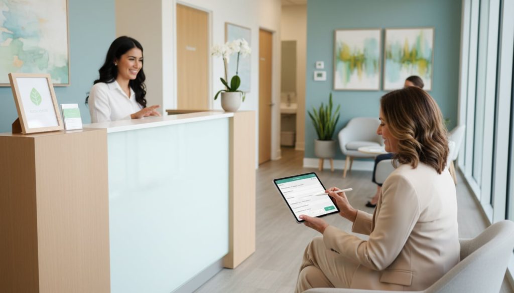 A medical professional using a tablet in a clinic setting